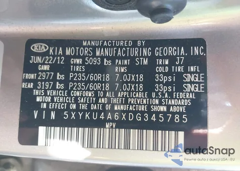 2013 Kia Sorento Ex from USA, damaged, VIN 5XYKU4A6XDG345785